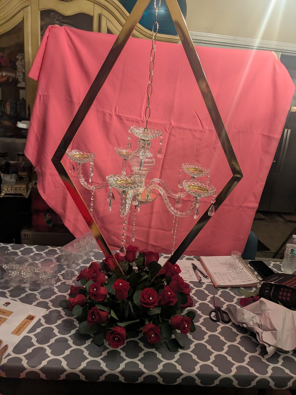 Crystal Chandelier Centerpiece with Red Rose Base